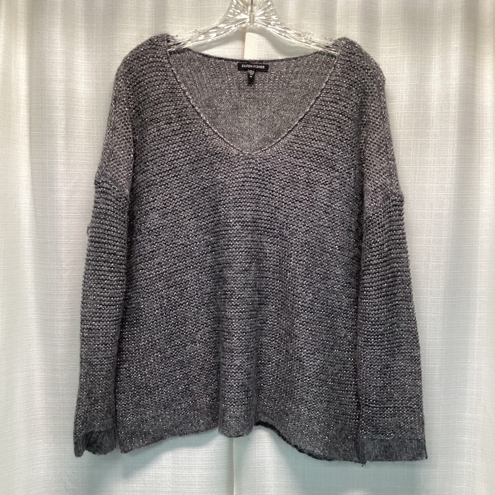 Eileen Fisher Grey Metallic Alpaca Wool Blend V-Neck Sweater Size M Italian Yarn